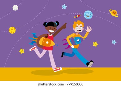 Cute Boy and Girl Walking with Rockets in their hands. Children vector ilustration in a flat, minimal style.