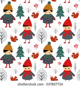 Cute boy and girl walking in winter forest seamless pattern on white background. Christmas scandinavian style nature illustration. Winter forest with children design for textile, wallpaper, fabric.