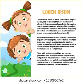 Cute boy and girl waving hands, peeping out at the left white banner, paper sheet. Redheaded brother and sister against nature background. Template, mockup, place for text, copy space. Cartoon design