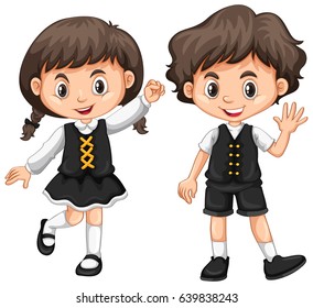 Cute boy and girl waving hands illustration