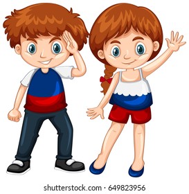 Cute boy and girl waving hands illustration