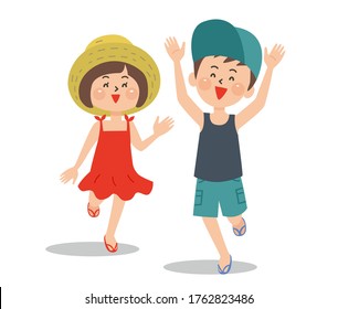 Cute boy and girl wearing a cap and summer clothes