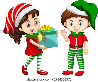 Cute boy and girl wearing Christmas costumes cartoon character illustration