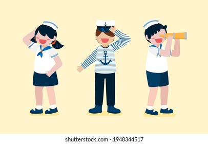 Cute boy and girl wearing sailor uniform, boy use binocular to looking far, in cartoon character design flat vector illustration