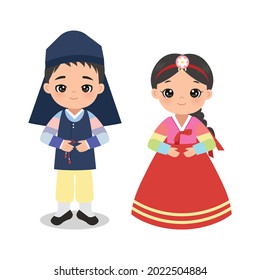 Cute boy and girl wearing traditional Korean costume for Chuseok festival