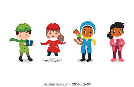 Muchacho y chica guapa con ropa de invierno y regalos de Navidad. Diseño de dibujos animados de vector plano