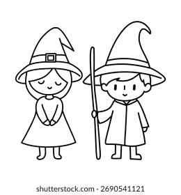 Menino bonito e menina vestindo trajes de bruxa segurando uma vassoura, ilustração de arte de linha de Halloween.