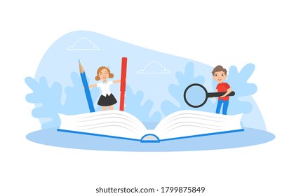 Cute Boy and Girl Writing at Exercise Book, Kids Studying with Huge School Supplies, Back to School Concept Vector Illustration