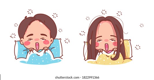 Cute boy and girl are yawning and sleepy isolated on white background with character design.