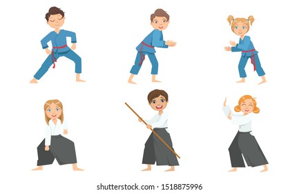 Cute Boy and Girls Doing Aikido and Judo in Uniform, Children Practicing Martial Arts Vector Illustration