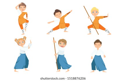 Cute Boy and Girls Doing Jiu Jitsu and Aikido in Uniform, Children Practicing Martial Arts Vector Illustration
