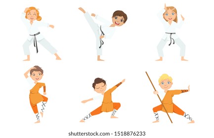 Cute Boy and Girls Doing Karate and Jiu Jitsu in White and Orange Kimono, Children Practicing Martial Arts Vector Illustration