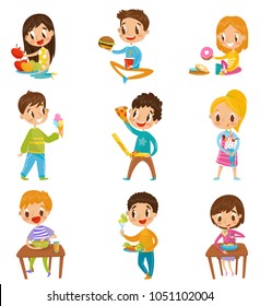 Cute boy and girls having brekfast or lunch set, kids enjoying their meal vector Illustrations on a white background