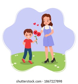 Un chico lindo le da una flor a su madre como regalo. Feliz concepto del día de la madre. Vector plano aislado en blanco.