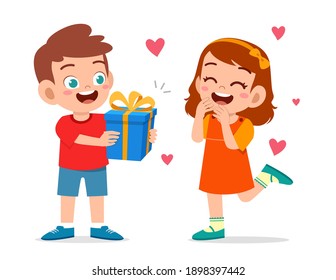 cute boy give present to little girl for celebrate birthday