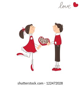 Cute boy gives sweets to the girl. Valentines day vector illustration