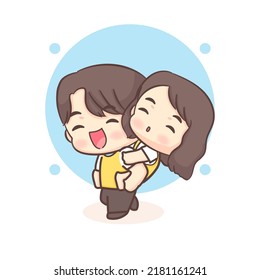 Cute Boy Giving His Girlfriend A Piggy Back Ride. Happy Valentine Chibi Lovers Couple Cartoon Character.