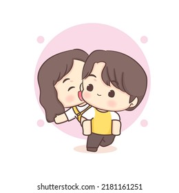 Cute Boy Giving His Girlfriend A Piggy Back Ride. Happy Valentine Chibi Lovers Couple Cartoon Character.