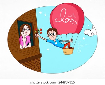 Cute boy giving red flowers to his beloved from window on occasion of Happy Valentine's Day.