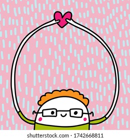 Niño lindo con gafas dibujado a mano ilustración vectorial borde de marco sujetando el símbolo de amor cardíaco texteado rosa