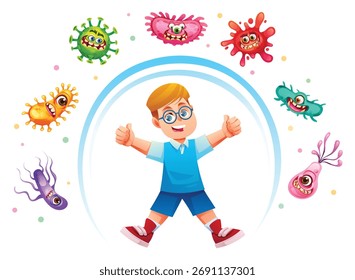 Cute boy with glasses inside a circular protective barrier while surrounded by microbes. Vector cartoon illustration