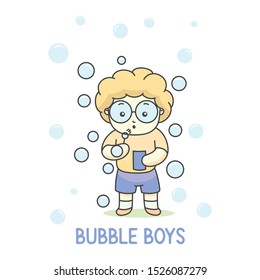 Cute boy with glasses playing bubble balloon, vector illustration