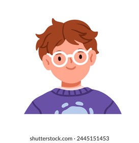 Cute boy in glasses smiling. Adorable happy child character in eyeglasses, eyewear, cheerful face expression. Smart preschool kid, head portrait. Flat vector illustration isolated on white background