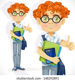 Cute boy in glasses with textbooks