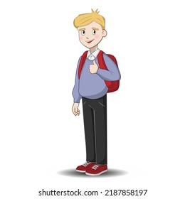 Cute boy go to school. Vector, cartoon illustration.