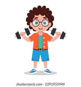 Cute boy goes in for sports, exercises with dumbbells
