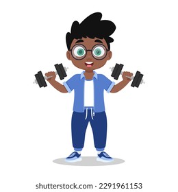 Cute boy goes in for sports, exercises with dumbbells