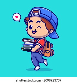 Cute Boy Going To School And Bring A Books Cartoon Vector Icon Illustration. People Education Icon Concept Isolated Premium Vector. Flat Cartoon Style