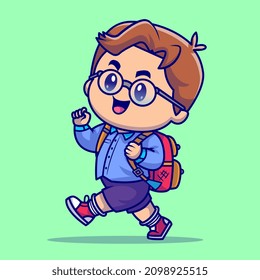 Cute Boy Going To School Cartoon Vector Icon Illustration. People Education Icon Concept Isolated Premium Vector. Flat Cartoon Style
