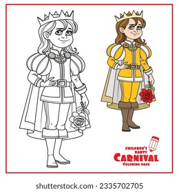 Cute boy in a gold and yellow prince suit with red rose color and outlined for coloring page