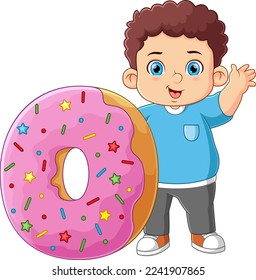 Un lindo chico posa y ondea con un gran juguete rosado de donut de ilustración