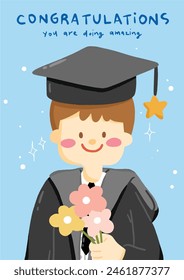 cute boy graduate with flower on congratulations card, illustration card vector