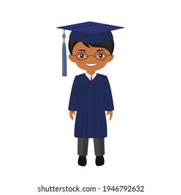 Cute boy graduate student in academic gown and cap isolated on white background. Character in flat cartoon style. Vector illustration