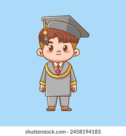 Cute boy graduation standing kawaii chibi character mascot illustration outline style design set