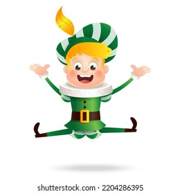 Cute boy in green costume jumping - happy expression - Sinterklaas friend - vector illustration isolated
