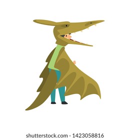 Cute Boy in Green Pterodactyl Dinosaur Costume, Kid Dressed for Carnival or Masquerade Party Vector Illustration