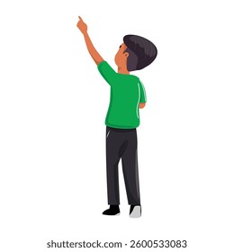 Cute boy in green shirt pointing up, viewed from behind. Back-to-school banner template