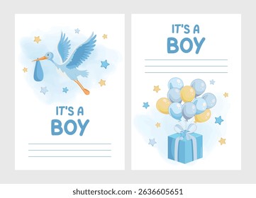 Cute it's a boy greeting card with blue stork, baby delivery, stack of presents and balloons, perfect for newborn celebration or baby shower
