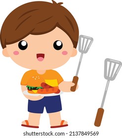 Cute Boy Grilling Sausage and cooking for Barbeque Party