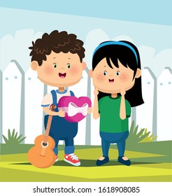cute boy with guitar and giving chocolate heart box a girl over white fence background, colorful design, vector illustration