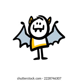 Cute boy in halloween costume of dracula bat with fangs and wings. Vector illustration of fairy tale character of horror.