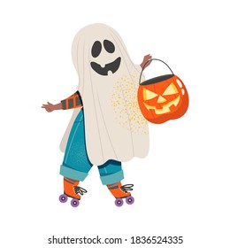 Cute Boy in Halloween Costume, Little Child Dressed as Ghost, Happy Halloween Party Festival with Kid Trick or Treating on Rollerblades Cartoon Vector Illustration