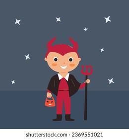 cute boy in Halloween devil costume on night card