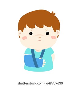 Cute boy hand bone broken from accident with arm splint vector illustration.