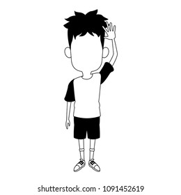 Cute boy with hand up on black and white colors