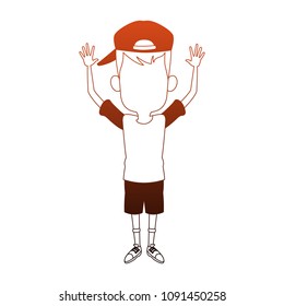 Cute boy with hands up in orange and white colors